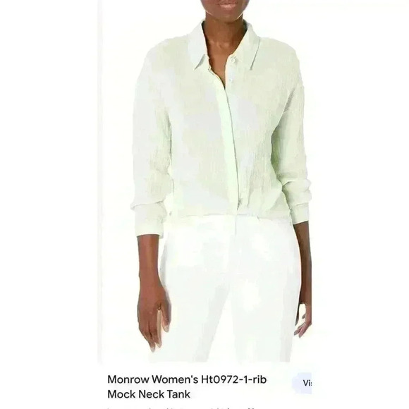 Monrow Top Womens Small Green Twist Front Button Shirt Crinkle Cotton Beach - Picture 6 of 9